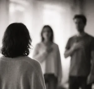 femme de dos avec deux personnes en face